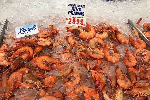 Prawns in a seakfood shop with a price sign