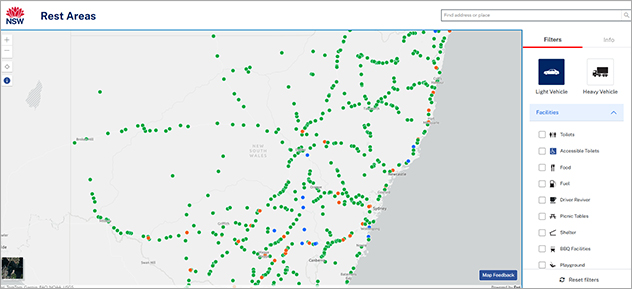 Screenshot of Transport NSW interactive map of rest areas