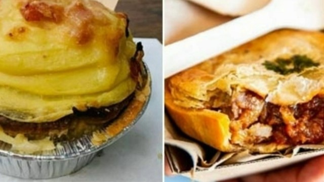 A collage of two pies, one typical meat pie with a bite taken out of it, the other has a swirl of mashed potato on top. 