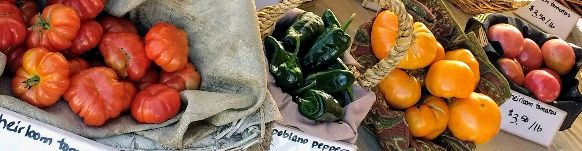 farmers-market-sydney-nsw-1920x500 Baskets of tomatoes, green and yellow peppers laid out on a table at a food market on a sunny day.