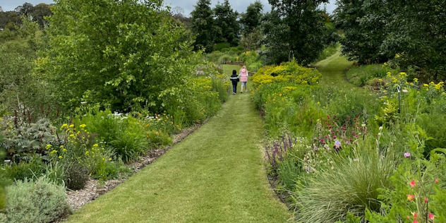 Two children walk a green manicured path past rows of lush trees and various native flowers. 