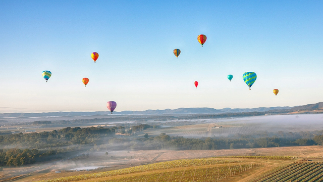 Seven colourful hot air balloons hover in blue sky over paddocks, trees and plains with mountains on the horizon.