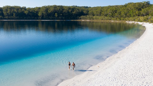 Two people walking along a tree lined, totally white sand beach, leading into clear then deep blue lake waters.