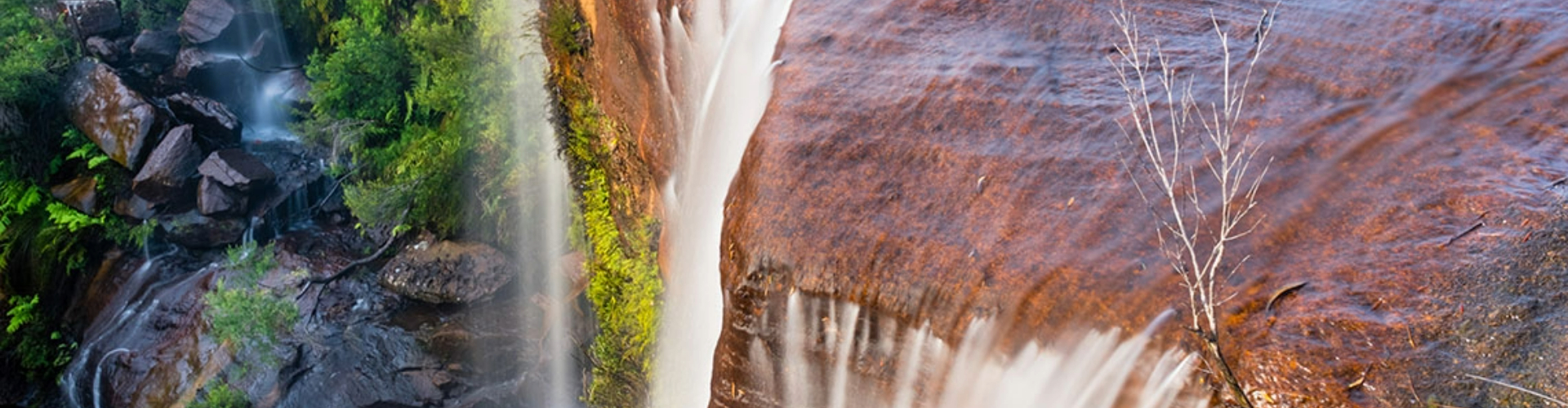maddens-falls-dharawal-park-nsw-1920x500 A view of the edge of a misty waterfall going over orange rocks into a rock pool surrounded by lush foliage.