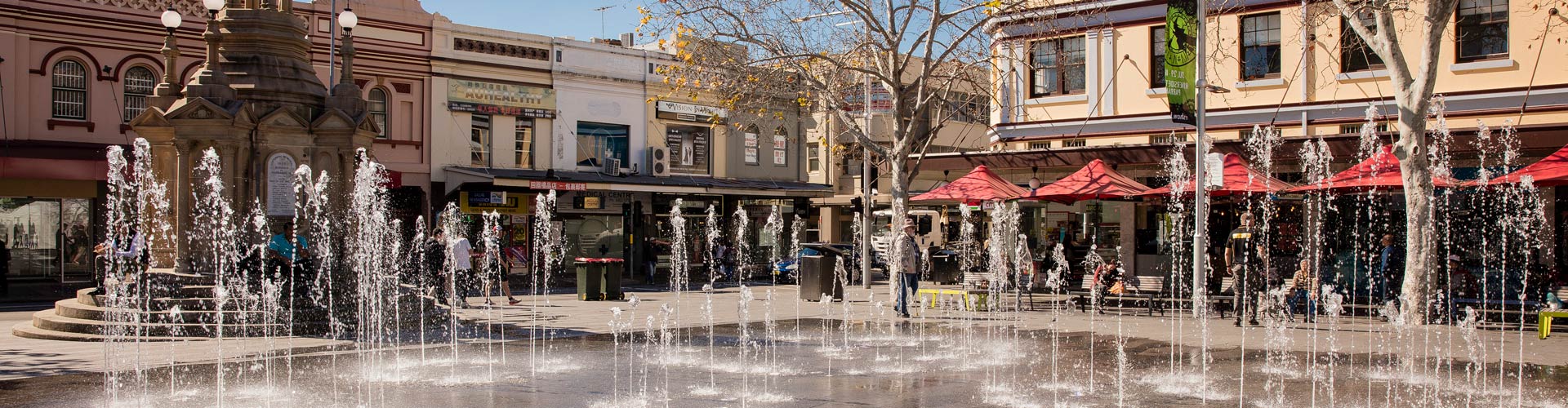 The redeveloped Centenary Square water fountain featuring the historic Centennial Memorial Clock. Church Street, Parramatta