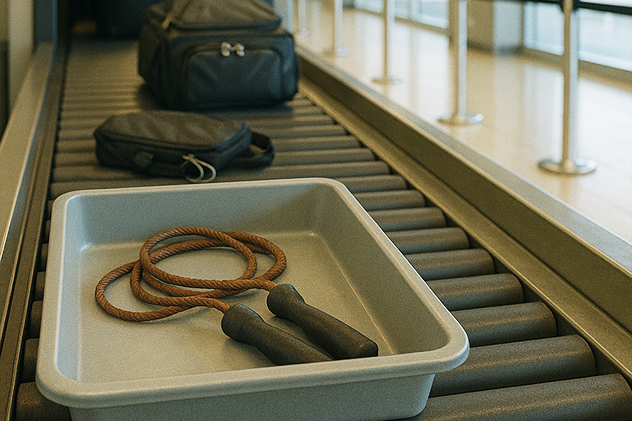 AI generated image of a skipping rope in a security tray at an airport checkpoint