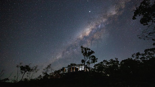 A starry night in the outback, seen from below against the silhouette of a cabin and gum trees on a hillside. 