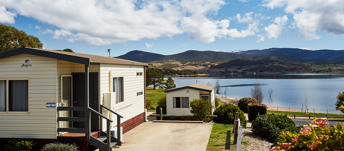 Cabin with water view Jindabyne Holiday Park NSW my nrma local guides