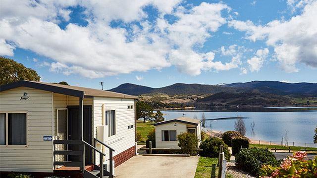 Cabin overlooking water Jindabyne Holiday Park NSW my nrma local guides