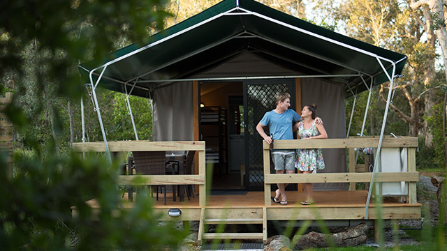 Couple safari tent Myall Shores Holiday Park my nrma local guides