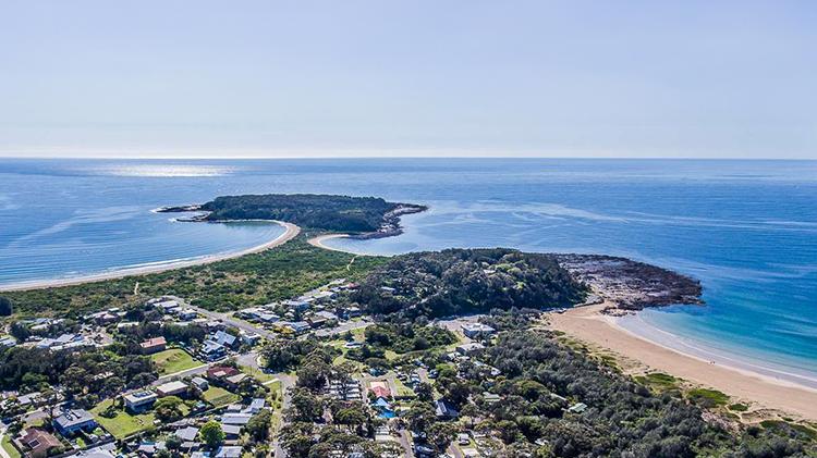 Aerial destination shot of Broulee, NSW