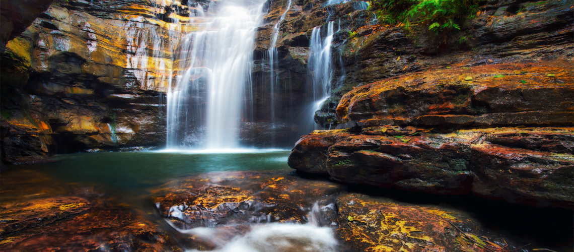 water flowing down the rocks at Empress Falls in the Blue Mountains