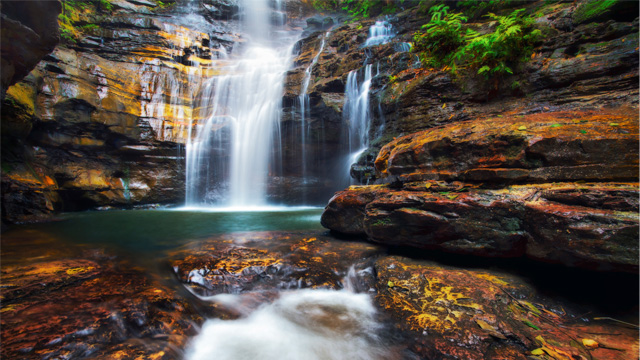 water flowing down the rocks at Empress Falls in the Blue Mountains
