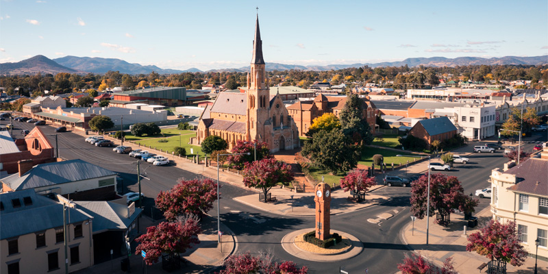 aerial view of a street in mudgee with a clock