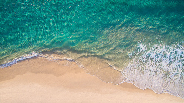 overhead shot of a beach with blue water